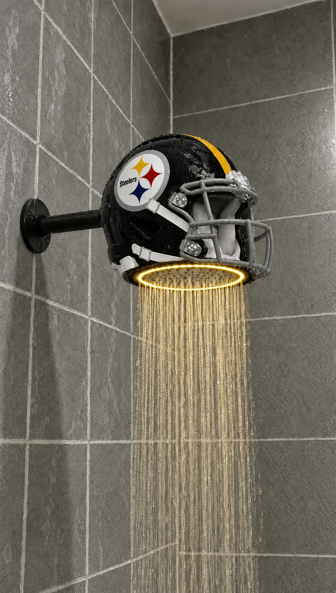 Football-inspired LED shower head installed in a tiled shower